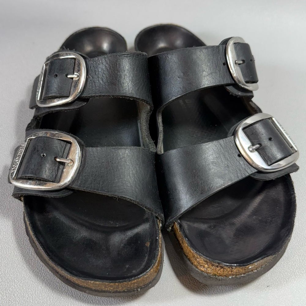 Birkenstock Arizona Black Leather Big Buckle Slide Sandals - Picture 6 of 14